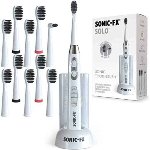 Sonic-FX Solo Electric Toothbrush w/ 10 Brush Heads + 1 Interdental, Charcoal Bristles, Rechargeable, Charging/Storage Base, 3 Brush Modes, Smart Timer, 2 Months Use on Full Charge, White Color