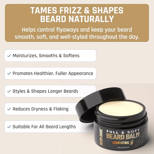 Derm Dude Full and Soft Beard Balm for Men ? Conditioning Balm with Natural Oils for Growth, Softness & Styling ? Tames Frizz, Hydrates Skin ? Non-Greasy - Cedar & Citrus, 2oz