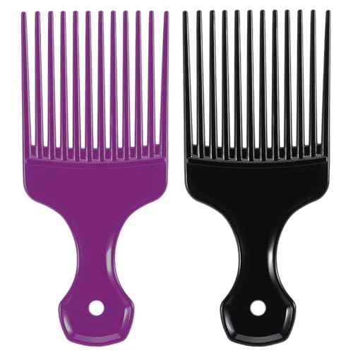 SIMPOR 2 Pcs Hair Pick Comb Wide Tooth Lift for Hair Styling Detangling Plastic Afro Pick for Women Men (Purple, Black)