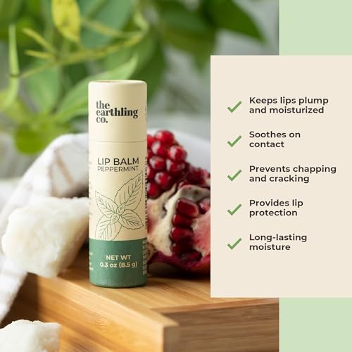 The Earthling Co. Lip Balm - Natural, Organic, Mint Lip Care - Non-tinted, Bee-free, Moisturizing Treatment Stick with Pomegranate Sterols, Coconut, and Butters (Peppermint, 0.33 oz)
