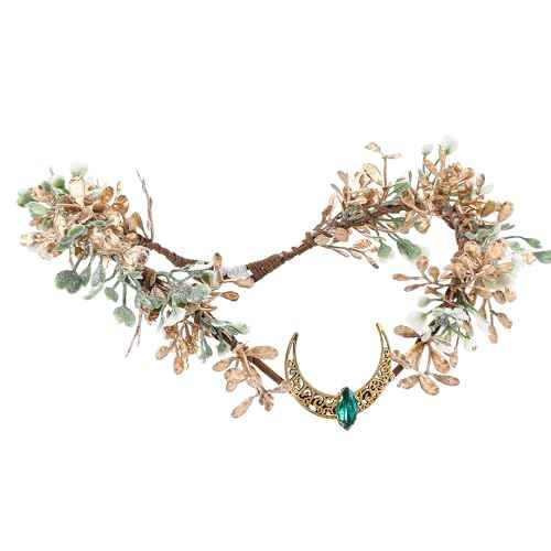 MOSTORY Gold Flower Moon Headpiece - Handmade Fairy Floral Crown Woodland Elf Headband Forest Circlet for Princess Renaissance Fair Halloween Party Wedding Cosplay