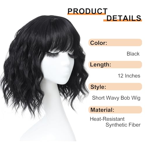 Short Black Wavy Bob Wig with Bangs for Women - Synthetic Daily Wear Hairpiece