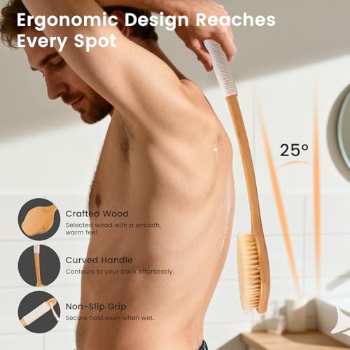 Bamboo Back Scrubber 17in Curved Handle with Boar Bristles