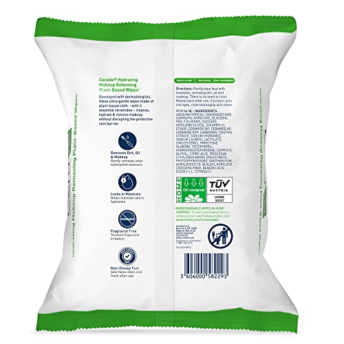 CeraVe Makeup Remover Wipes - Plant Based, Biodegradable, 25ct
