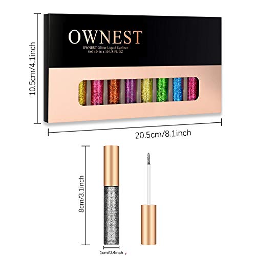 Ownest 10 Colors Liquid Glitter Eyeliner Set, Metallic Shimmer Glitter Eyeshadow, Long Lasting Waterproof Shimmer Sparkling Liquid Eyeliner Eye Shadow-10pcs