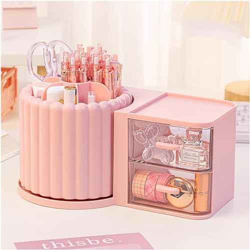 Makeup Organizer Countertop,360 Rotating Makeup Brush Holder With 2 Drawers,Small Preppy Organizer |9.25x5.11inch|Pink