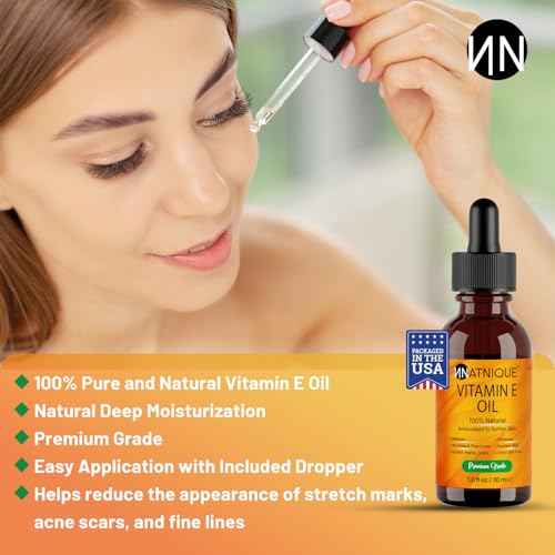 Natnique Vitamin E Oil 1 oz ? Natural D-Alpha Tocopherol for Face, Skin, Hair & Nails ? Pure, Non-GMO Moisturizer for Scars, Stretch Marks & Dry Skin ? Cold-Pressed Carrier Oil for Body & Beauty Care