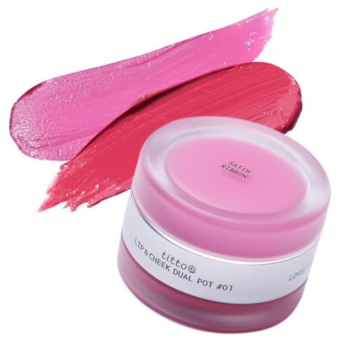 titto Lip & Cheek Dual Pot Blendable & Buildable | Multi-Use Tinted Balm & Blush for Cheeks, Rich Buttery Texture, Long-Lasting, Natural Dewy Finish, Vegan, K Beauty (#01 Satin Ribbon/Pink on Top)