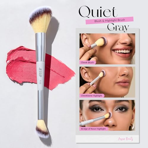 Jessup Face Makeup Brush Set 3pcs Double Sided Makeup Brushes for Foundation Contour Blush Highlight Concealer, Cruelty Free Cosmetic Tools Quiet Gray T521