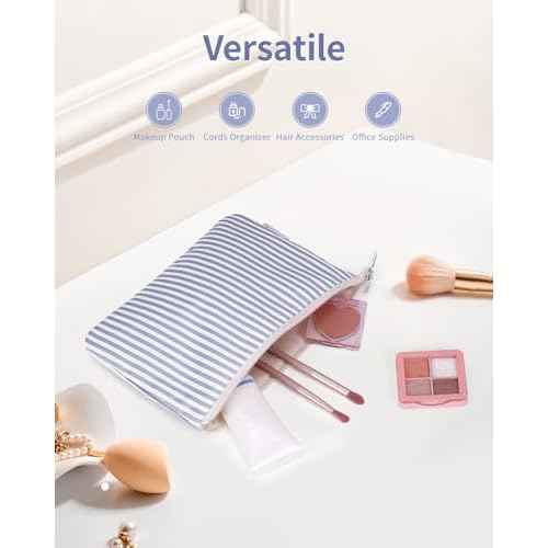 Narwey Small Striped Makeup Bag for Purse Travel Makeup Pouch Cosmetic Bag Zipper Pouch Bags for Women (Greyish Blue Stripe)