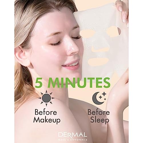 DERMAL Cucumber Collagen Essence Facial Mask Sheet 23g Pack of 10 - Soothing & Moisturizing, Redness & Sunburn Relief, Daily Skin Treatment Solution Sheet Mask