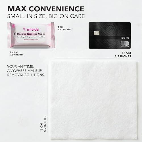 Mivida Mini Makeup Remover Wipes - 50 Pocket Packs, Dermatologist Tested, Fragrance & Alcohol Free, Travel & On-the-Go Cleansing