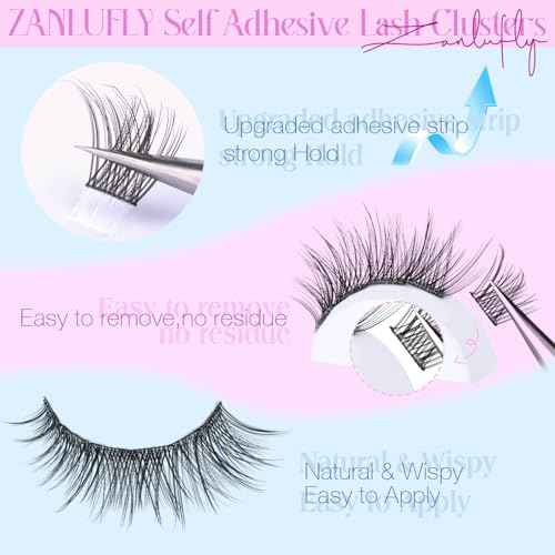 Self Adhesive Eyelashes Natural Self Adhesive Lash Clusters Pre glued Eyelash Clusters zanlufly No Glue Needed Lashes Wispy C-curly Cluster Eyelash extensions 10-16MM Individual Lashes