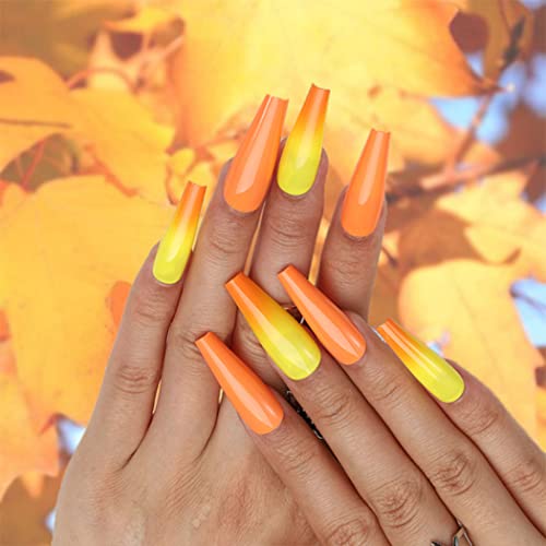 Gangel Coffin Press on Nails Extra Long Fake Nail Ballerina False Nails Glossy Full Cover Yellow Orange Fake Nails Acrylic Daily Wear Party for Women and Girls 24Pcs (Autumn)