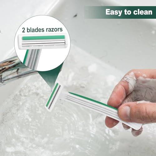 Disposable Razors in Bulk ,Green Razors Individually Wrapped Bulk,Twin Blade Razors with Clear Safety Cap and Shaving Cream, Razors For Homeless, Hotel,Air Bnb,Shelter/Homeless/Travel (100)