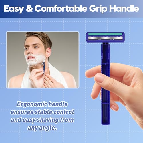 Twin Blade Disposable Razors for Men & Women ? Bulk 60 Pack Stainless Steel Shavers with Lubricating Strip, Safety Cap & Non-Slip Handle for Sensitive Skin, Travel, Hotel, Charity ? Blue