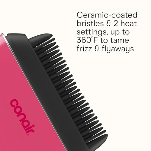 Conair Cordless Heated Brush, Portable Ceramic Ionic Smoothing Brush for Frizz Control & Shine, Rechargeable, 2 Heat Settings, Travel-Friendly Styling Tool with Protective Cover, Hot Pink & Black