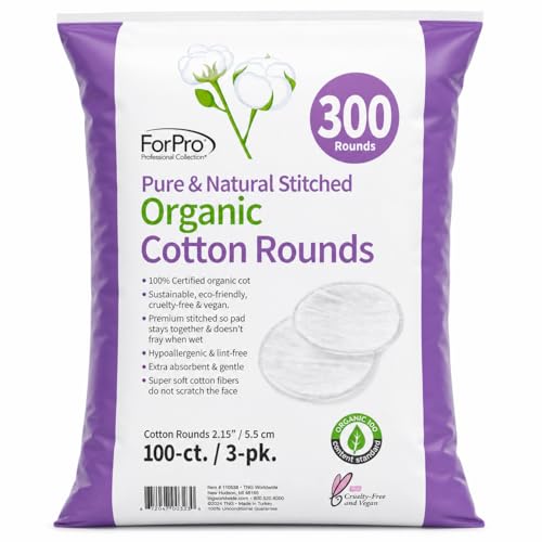 Organic Cotton Makeup Remover Pads 300-Count - Hypoallergenic & Reusable Facial Cleansing Pads