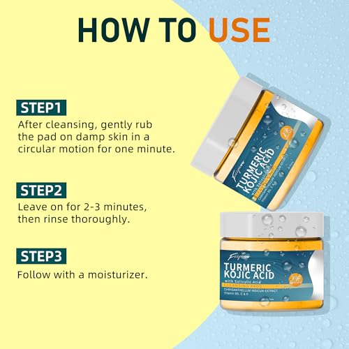Turmeric Kojic Acid Cleansing Pads - 80 Pcs in 2 Jars - Exfoliating & Hydrating Turmeric Cleansing Pads for Face