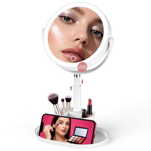 White 20X Magnifying Lighted Vanity Mirror with Storage Base - Dual Sided