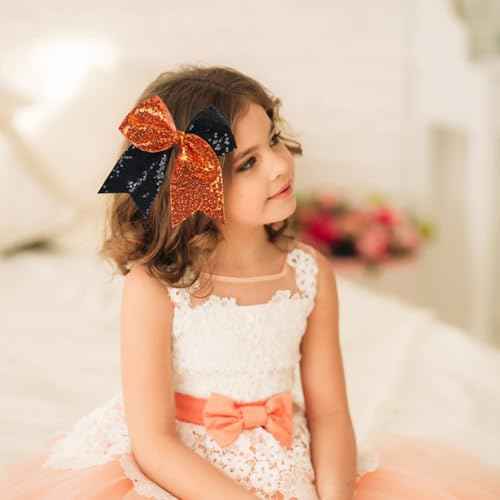 Jumbo Glitter Cheer Bow Clip - 7 Inch Large Cheerleading Sequin Hair Bow with Tails for Girls Teen Softball Cheerleader Outfit Uniform (Orange Black)