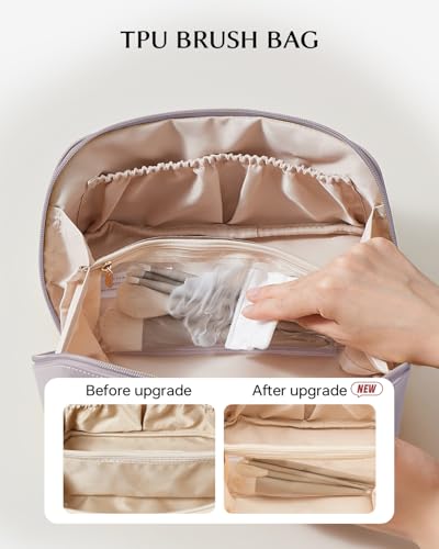 EACHY Medium Travel Makeup Bag for Women - Purple Flat Open Cosmetic Organizer