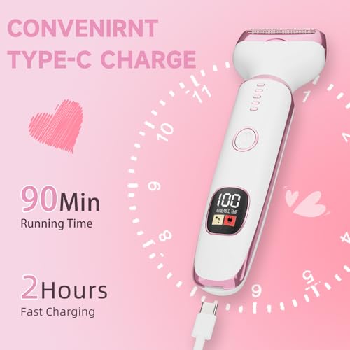 Electric Razor for Women 4-in-1 Bikini Trimmer & Body Shaver for Face, Legs, Underarms, Pubic Hair ? Rechargeable Wet/Dry Painless Hair Removal with LED Display (White)