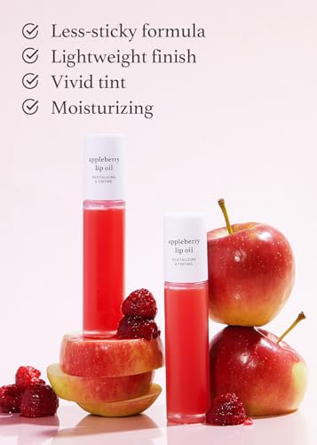 NOONI Korean Lip Oil - Appleberry Jumbo | Lip Stain, Gift, Long-Lasting, Moisturizing, Plumping, Revitalizing, and Tinting for Dry Lips with Raspberry Fruit Extract, 0.30 Fl Oz