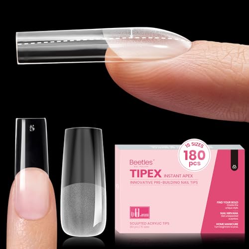 Beetles Tipex Instant Apex Nail Tips,180Pcs Pre-building & Pre-Etched Gel Nail Tips Long Square Thicker Acrylic Nails Strong Full Cover False Nail Extension Building Gel Press-on Nails for Flat Nails