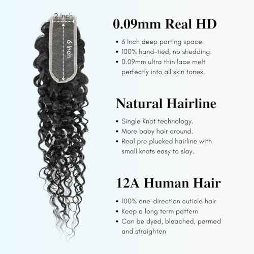 Water Wave 2x6 SKINLIKE Real HD Lace Closure Only 18 Inch, 12A Wet n Wavy 0.09 mm Ultra-thin Invisible 2 by 6 Kim K HD Swiss Lace Closure Human Hair Pre Plucked Virgin 2x6 Closure Natural Black