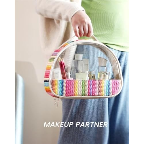 Large Clear Cosmetic Bag with Handle for Women, Zipper Close Makeup Bag, Straw Travel Bag - Rainbow Color Toiletry Bag