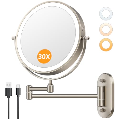 Auxmir 8" 1X/30X Wall Mounted Makeup Mirror, Rechargeable LED Lights