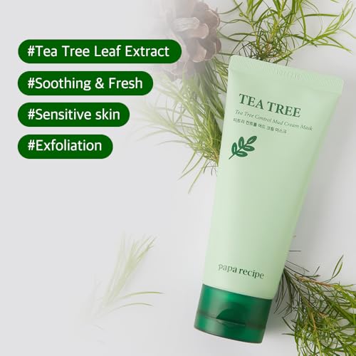 Papa Recipe Tea Tree Control Mud Cream Mask ? Bentonite & Kaolin Clay Face Mask, Deep Pore Purifying & Soothing Care, Gentle Exfoliating Korean Mud Mask for Sensitive & Acne-Prone Skin