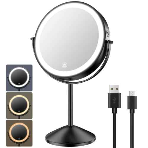 Benbilry 8 Inch Lighted Makeup Vanity Mirror with 3 Color Dimmable Lights, 1X/10X Magnifying Rechargeable Double Sided Light Up Cosmetic Mirror, 360¡Æ Swivel Cordless Standing, Black