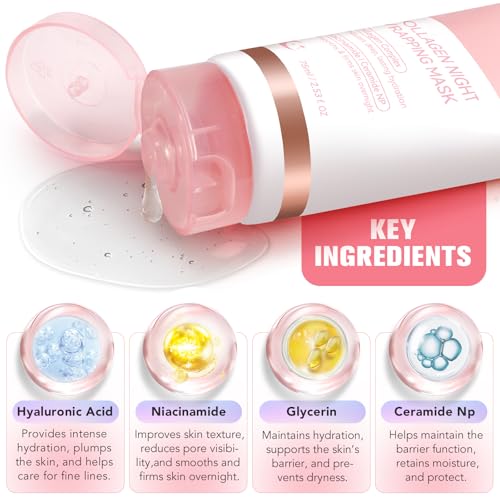 Collagen Night Wrapping Mask with Brush 2.53 fl.oz, Collagen Overnight Wrapping Peel Off Facial Mask Pack, Reduces Sagging & Dullness - Hydrolyzed Collagen For Glowing Skin, For Glass Skin