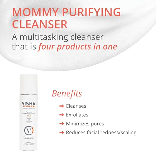 Visha Skincare Mommy 4 in 1 Multitasking Purifying Cleanser, Pregnancy and Nursing Safe Face Cleanser, Minimizes Pores, Reduce Facial Redness and Exfoliates, Great for Dry and Sensitive Skin 6.8oz