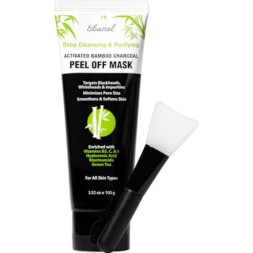 Ebanel Charcoal Peel Off Face Mask Applicator Set, Deep Pore Cleansing Minimizer Blackhead Remover with Niacinamide, Hyaluronic Acid, Vitamin C, Green Tea, Deep Cleanse Black Masks Peel Off Gel Mask