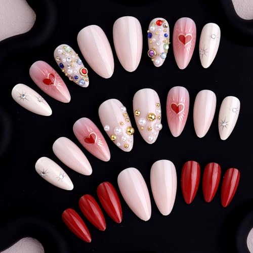 Press On Nails with Pearls & Hearts - 24 Pc Fake Nails Kit