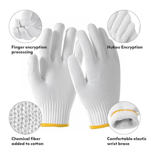 PLWJK Unisex White Cotton Polyester Safety Work Gloves 12 Pairs Large Size No Dots