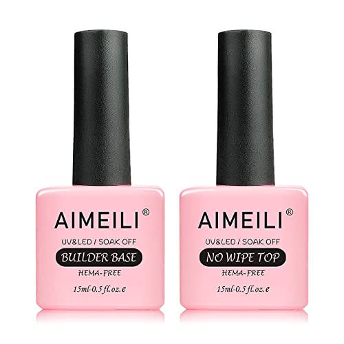 AIMEILI Summer Color Bright Pink Pastel Gel Nail Polish Color, Builder Base and No Wipe Top Coat Set