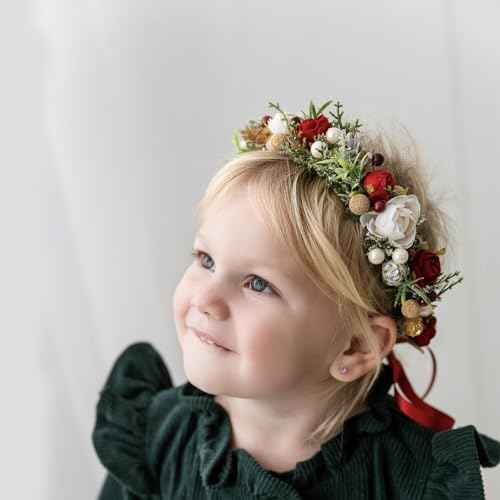 Christmas Flower Crown for Girls Winter Floral Crown Holiday Decoration Headband Xmas Wedding Headpiece Burgundy Berry Wreath Red Green Golden Gifts for Grandkids Holly Berry Garland