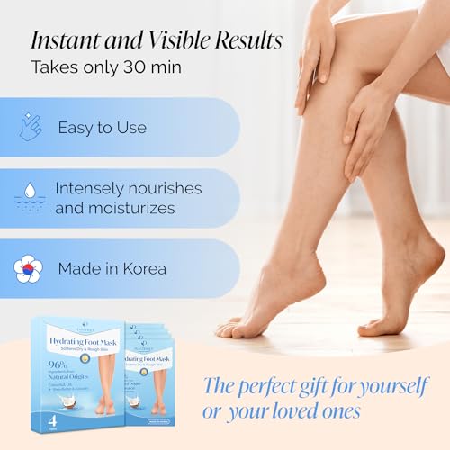 PLANTIFIQUE Hydrating Foot Mask Socks for Dry Cracked Feet - 4 Pairs