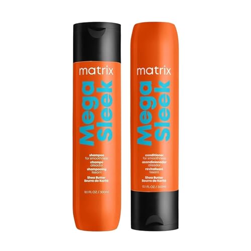 Matrix Mega Sleek Shampoo and Conditioner Set - Smoothing and Moisturizing, Anti-Frizz, Detangling, For All Dry, Damaged & Frizzy Hair Types, Nourishes With Shea Butter, Vegan
