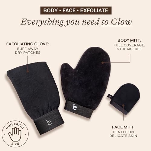 Self Tanning Mitt Applicator Set ? 3-in-1 Velvet Mitts, Exfoliating Glove & Face Body Tanner Mitts for Streak-Free Tan, Reusable Self Tanner Mitt Kit for Lotion, Mousse & Spray