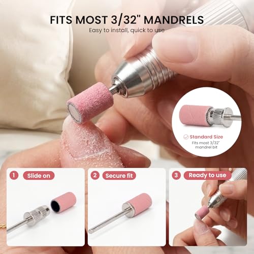 100 Pcs Nail Drill Bits Sanding Bands with Mandrel - 240 Grit Extra Fine Pink