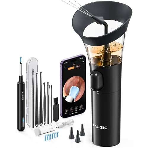 Ear Wax Removal - One-Hand Manual Ear Cleaner with Camera, 7 PCS Ear Spoons, Safe Ear Irrigation Kit for Adults (Black)