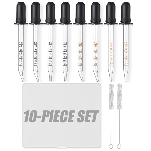 10Pcs 1ML Glass Eye Dropper Set with Storage Case & Cleaning Brushes - Accurate, Leak-Proof