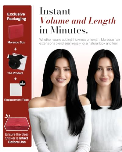 Moresoo Black Tape-in Human Hair Extensions 10 Inch 20 Pieces Seamless Weft