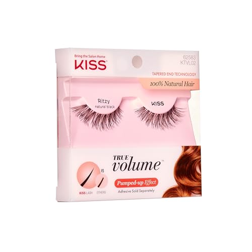KISS True Volume False Eyelashes, Ritzy', 14 mm, 100% Natural Hair, Tapered End Technology, Contact Lens Friendly, Easy to Apply, Includes 1 Pair Reusable Strip Lashes (Pack of 3)