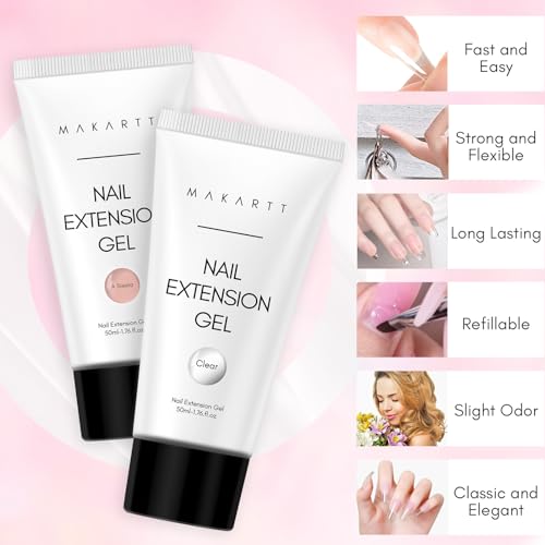 Makartt Poly Nail Gel Set Clear Nude Pink 2PCs 50ML Gel Builder Bundle with Makartt Nail Dehydrator and Primer Set, Air Dry Professional Long-lasting Nail Prep